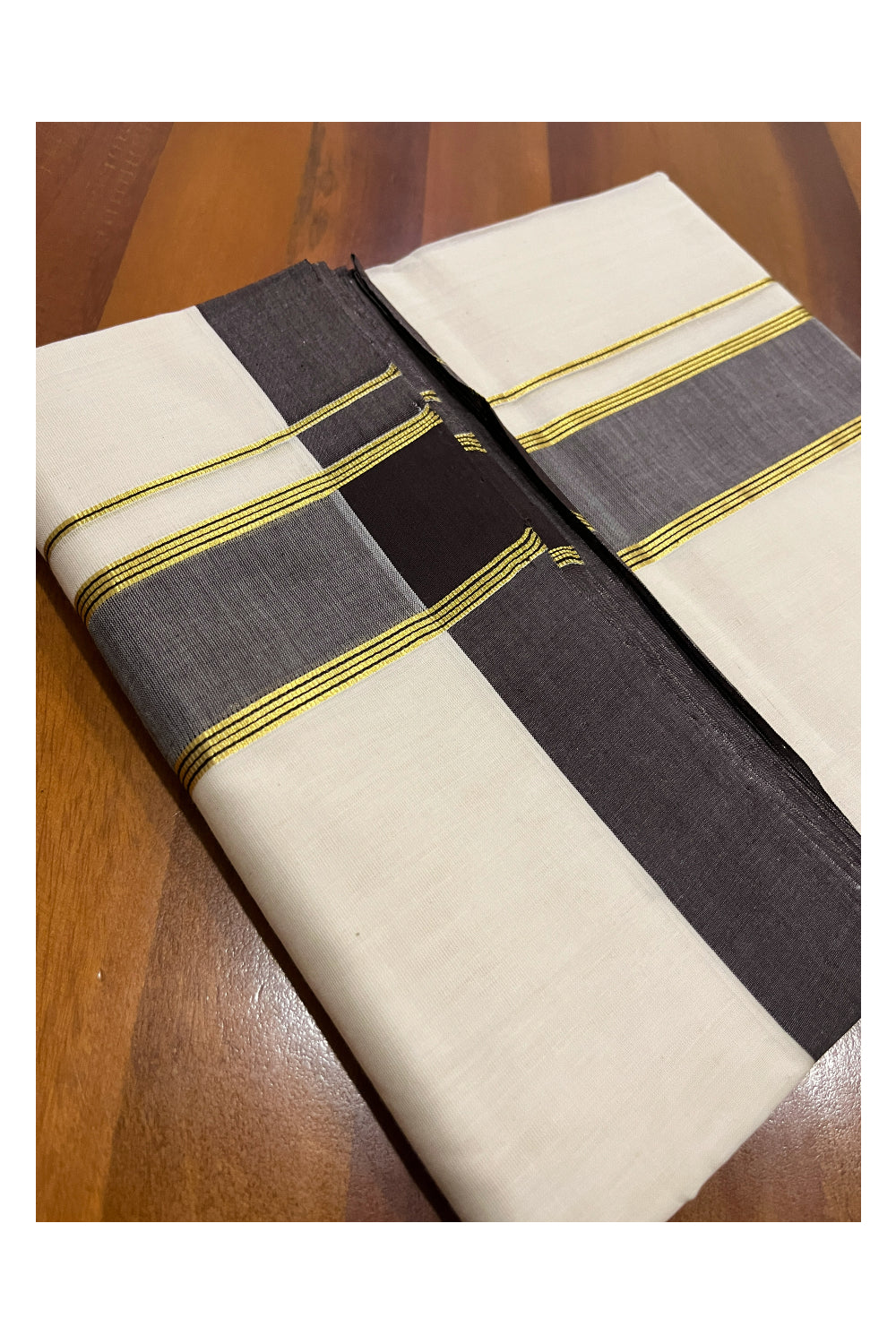 Southloom Premium Balaramapuram Unakkupaavu Handloom Mundu with Dark Brown and Kasavu Border (South Indian Kerala Dhoti)