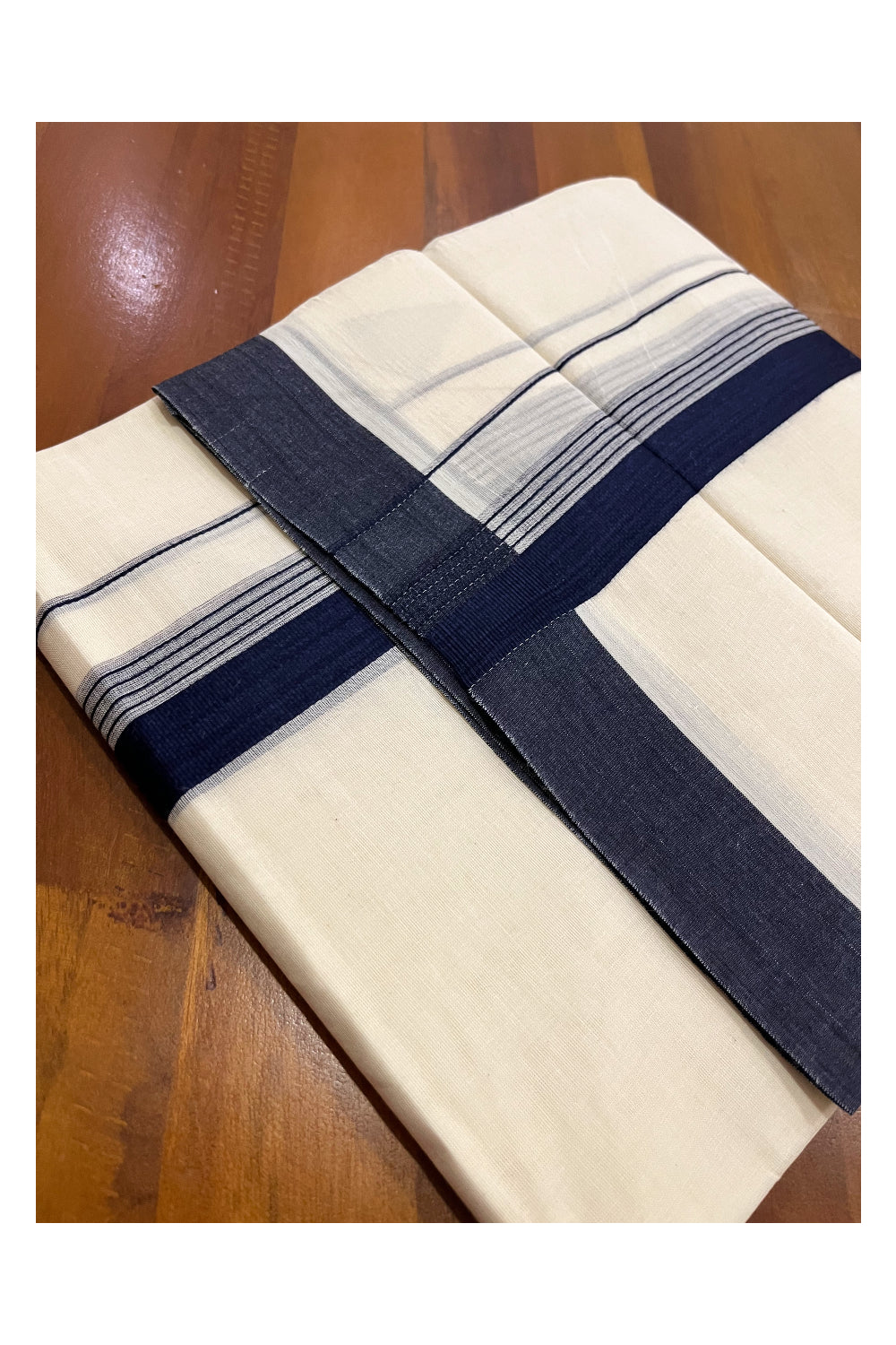 Pure Cotton 100x100 Double Mundu with Navy Blue Border (Onam Mundu 2023)