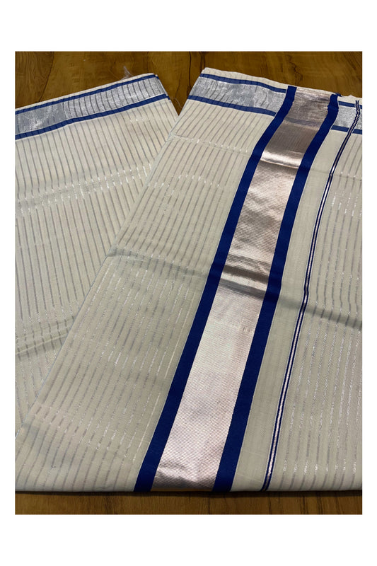 Pure Cotton Kerala Silver Kasavu Lines Saree with 3 inch Navy Blue and Silver Border