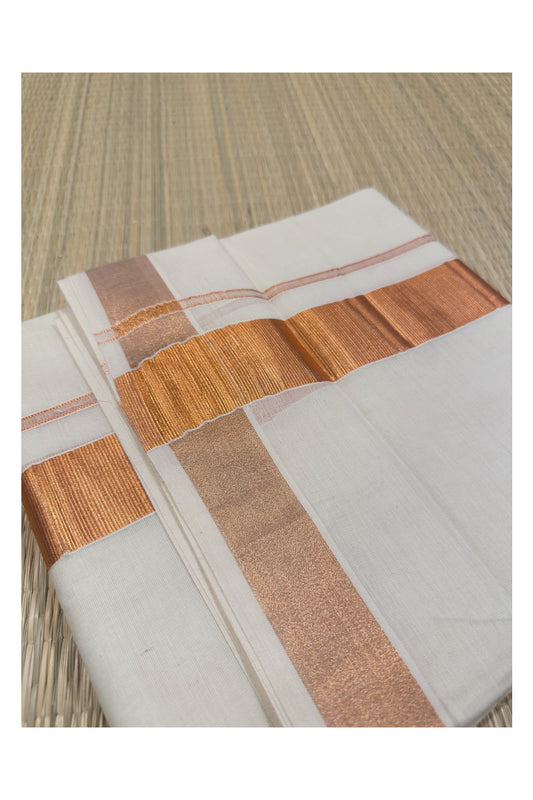 Off White Kerala Double Mundu with Copper Kasavu Kara (South Indian Kerala Dhoti)