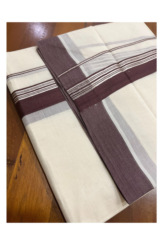 Pure Cotton 100x100 Double Mundu with Silver Kasavu and Brown Border (Onam Mundu 2023)