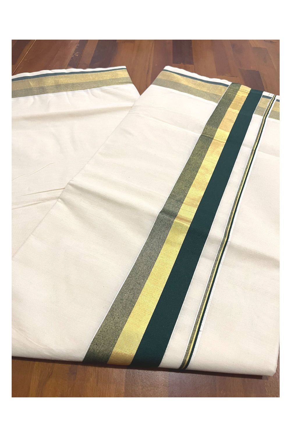 Kerala Pure Cotton Plain Saree with Kasavu and Dark Green Border (Onam Saree 2023)