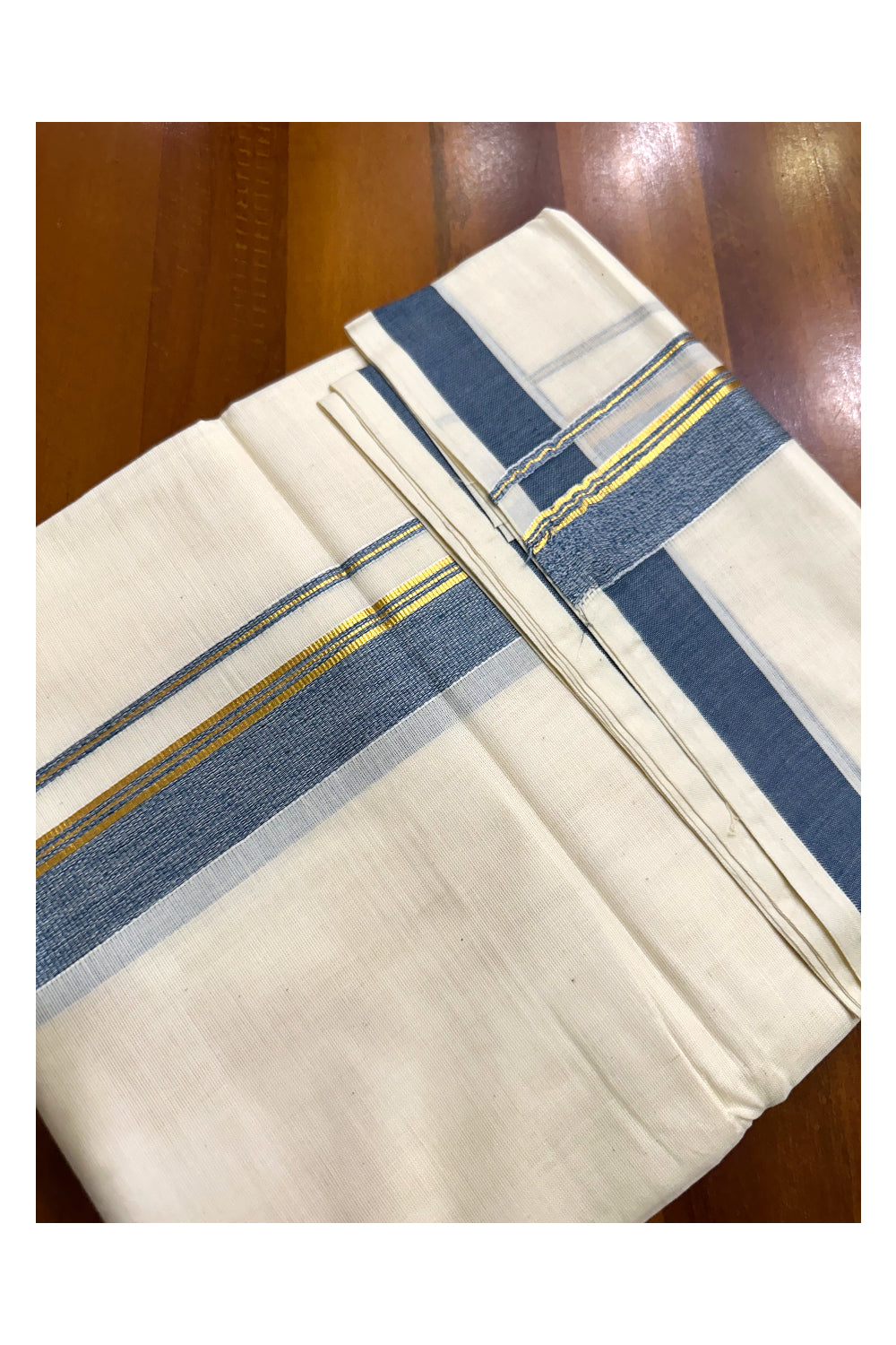 Pure Cotton Double Mundu with Blue and Kasavu Border (South Indian Dhoti)