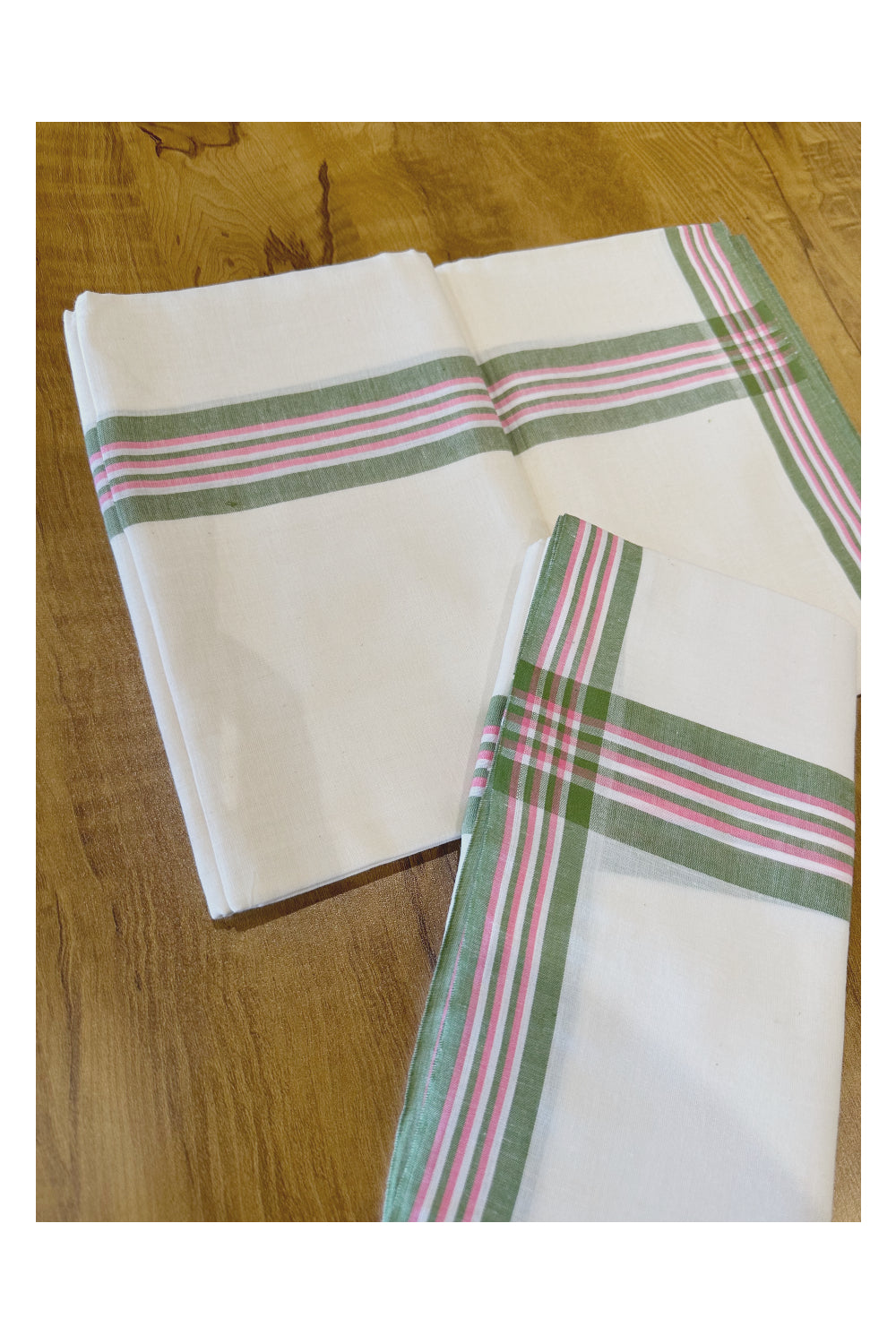 Kerala Soft Cotton Mulloth Mundum Neriyathum Single (Set Mundu) with Green and Pink Border (Onam Set Mundu 2023)