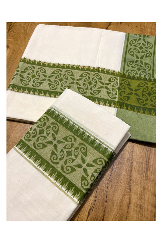 Kerala Cotton Single Set Mundu (Mundum Neriyathum) with Green Block printed Border 2.80 mtr