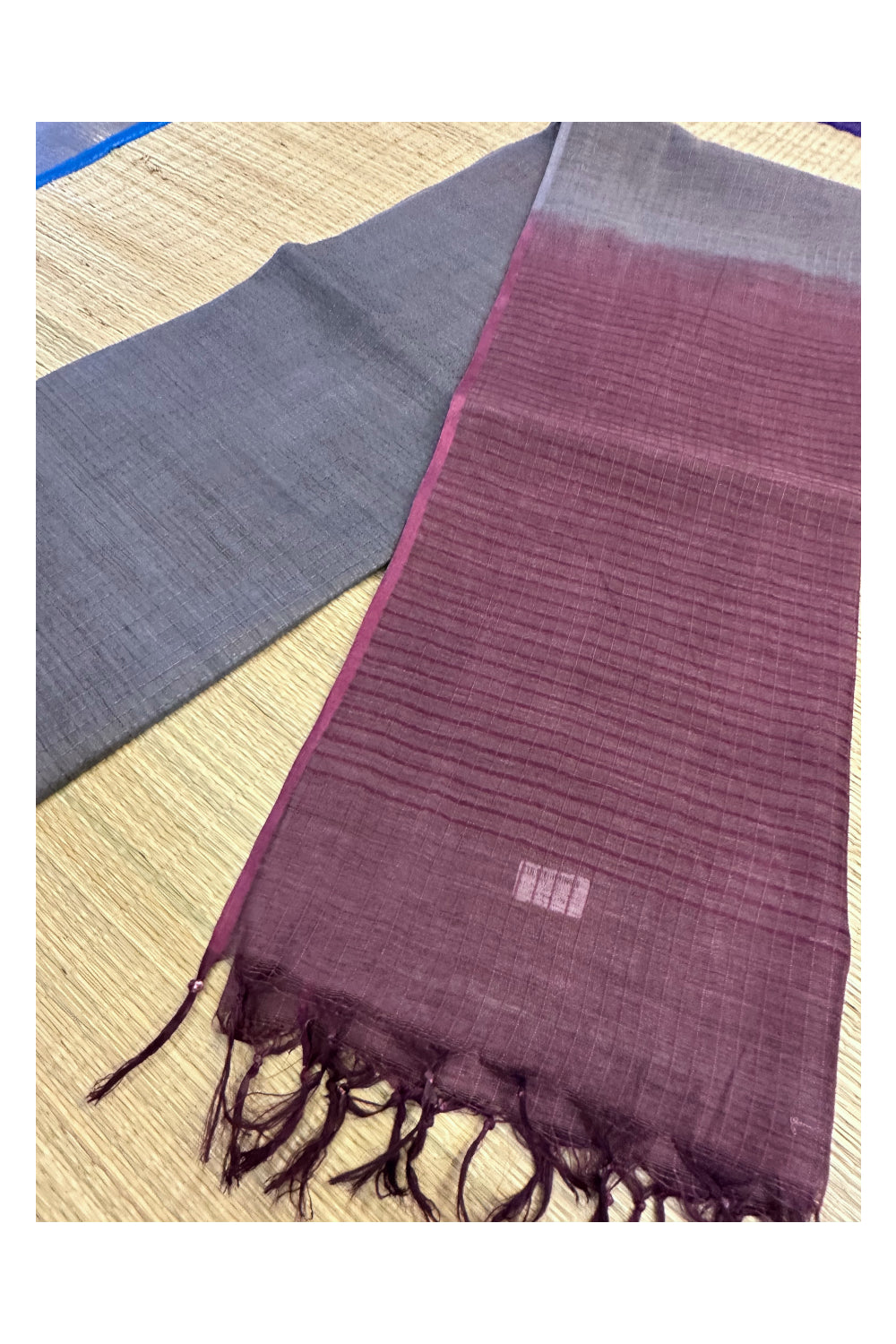 Southloom Tussar Saree with Purple Pallu and Greyish Body