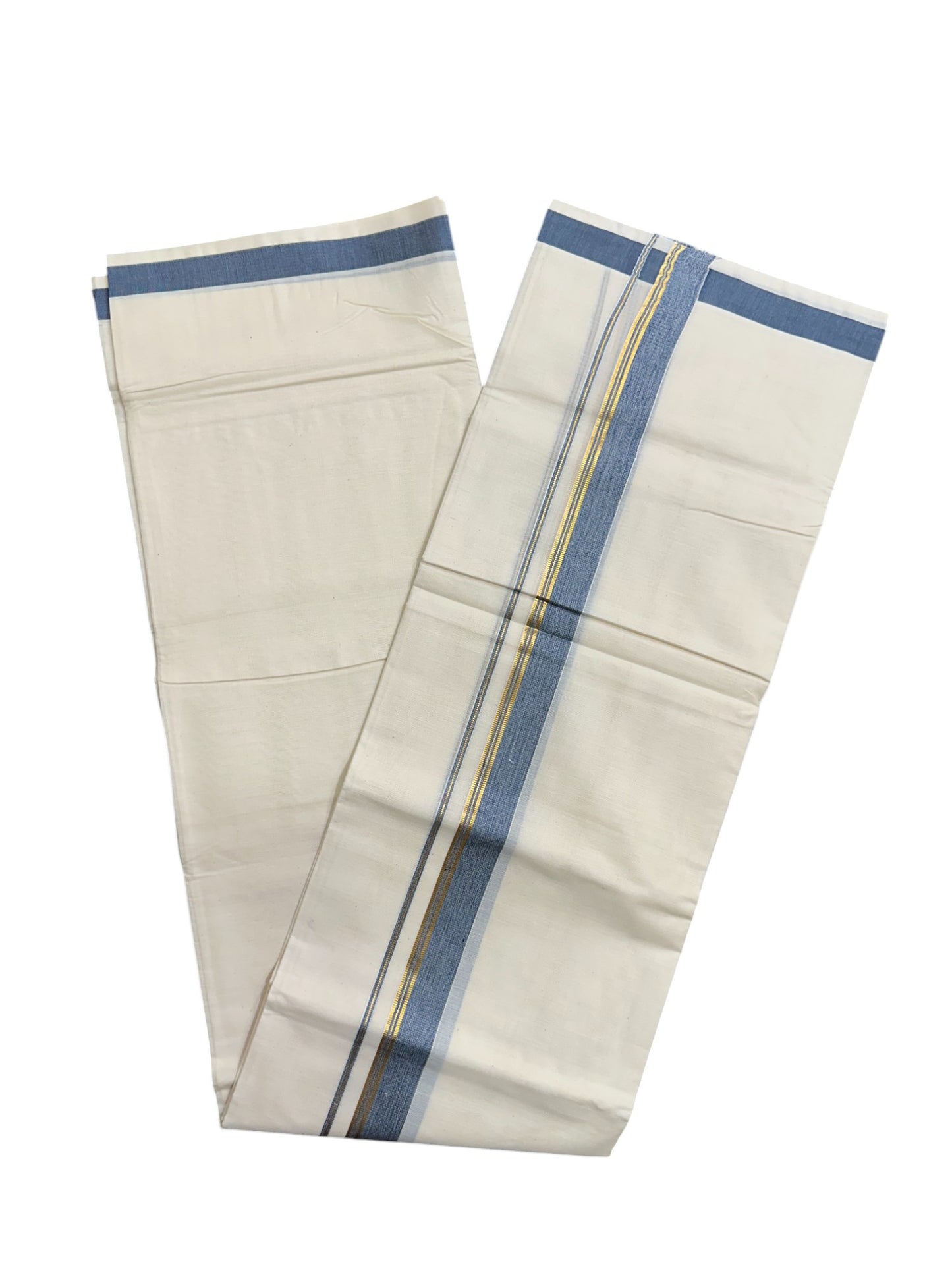 Pure Cotton Double Mundu with Blue and Kasavu Border (South Indian Dhoti)