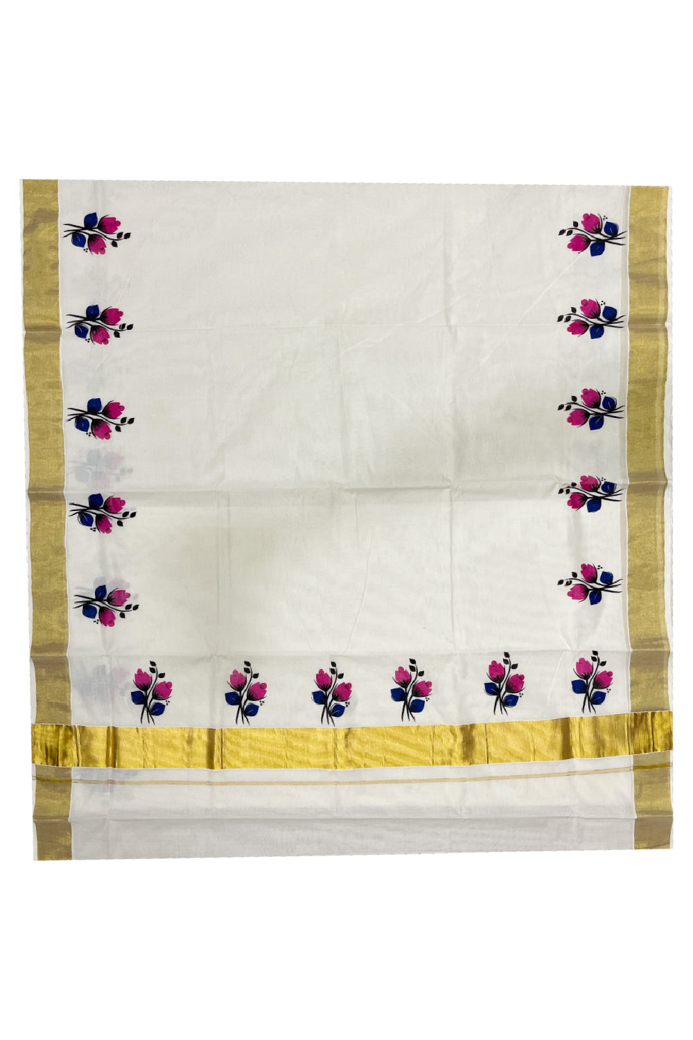 Pure Cotton Kerala Kasavu Saree with Magenta Floral Block Prints with Kasavu Border