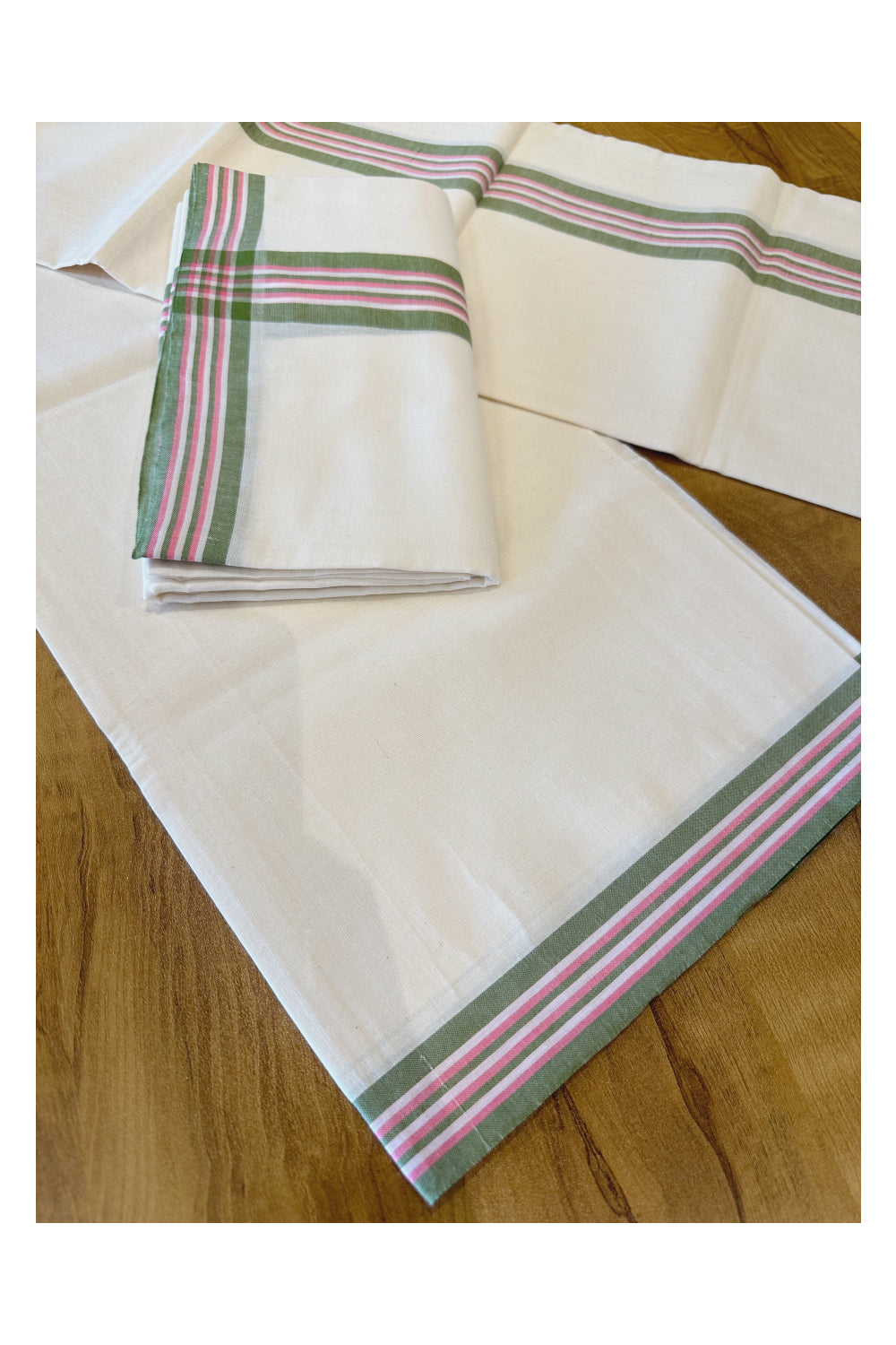 Kerala Soft Cotton Mulloth Mundum Neriyathum Single (Set Mundu) with Green and Pink Border (Onam Set Mundu 2023)