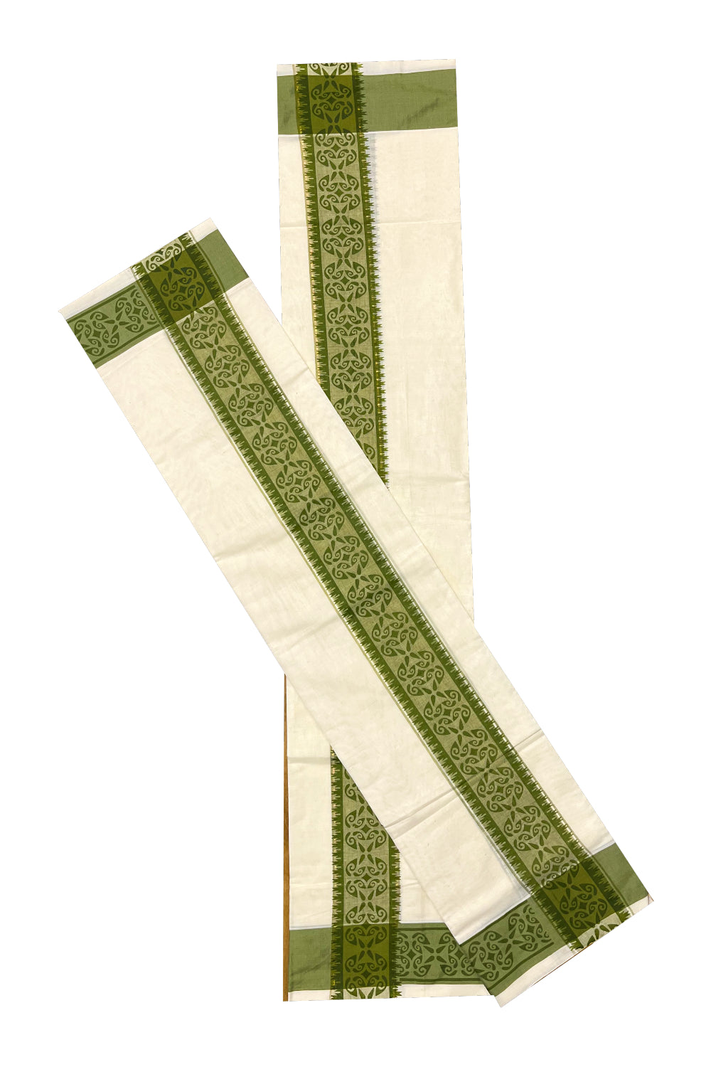 Kerala Cotton Single Set Mundu (Mundum Neriyathum) with Green Block printed Border 2.80 mtr