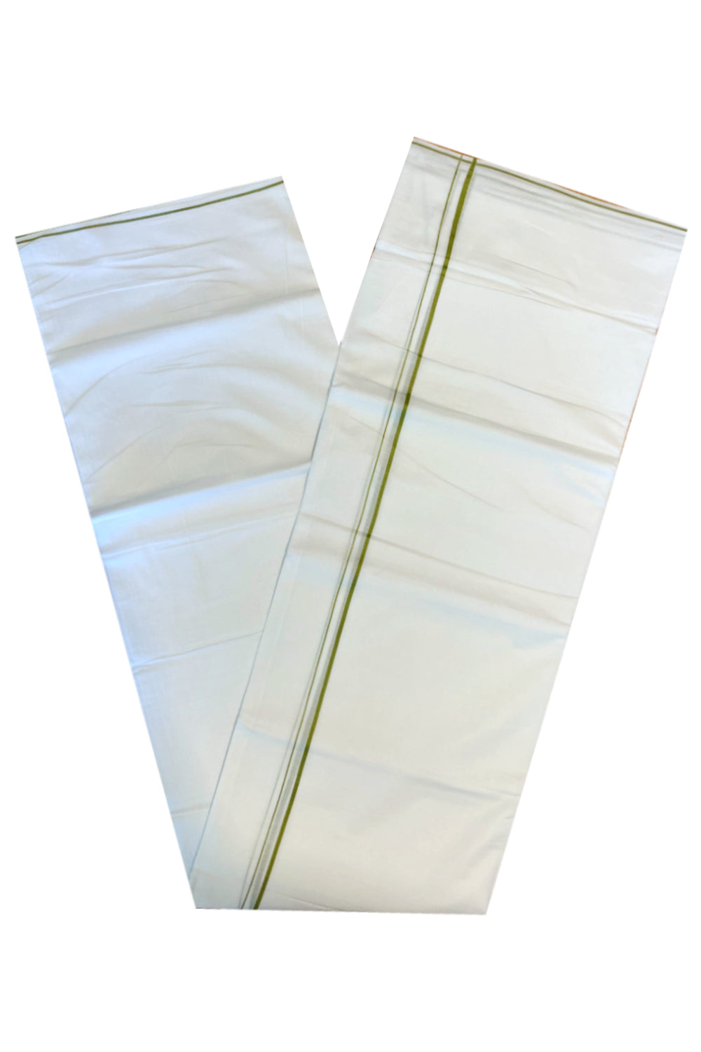 Pure White Cotton Double Mundu with Green Kara (South Indian Dhoti)