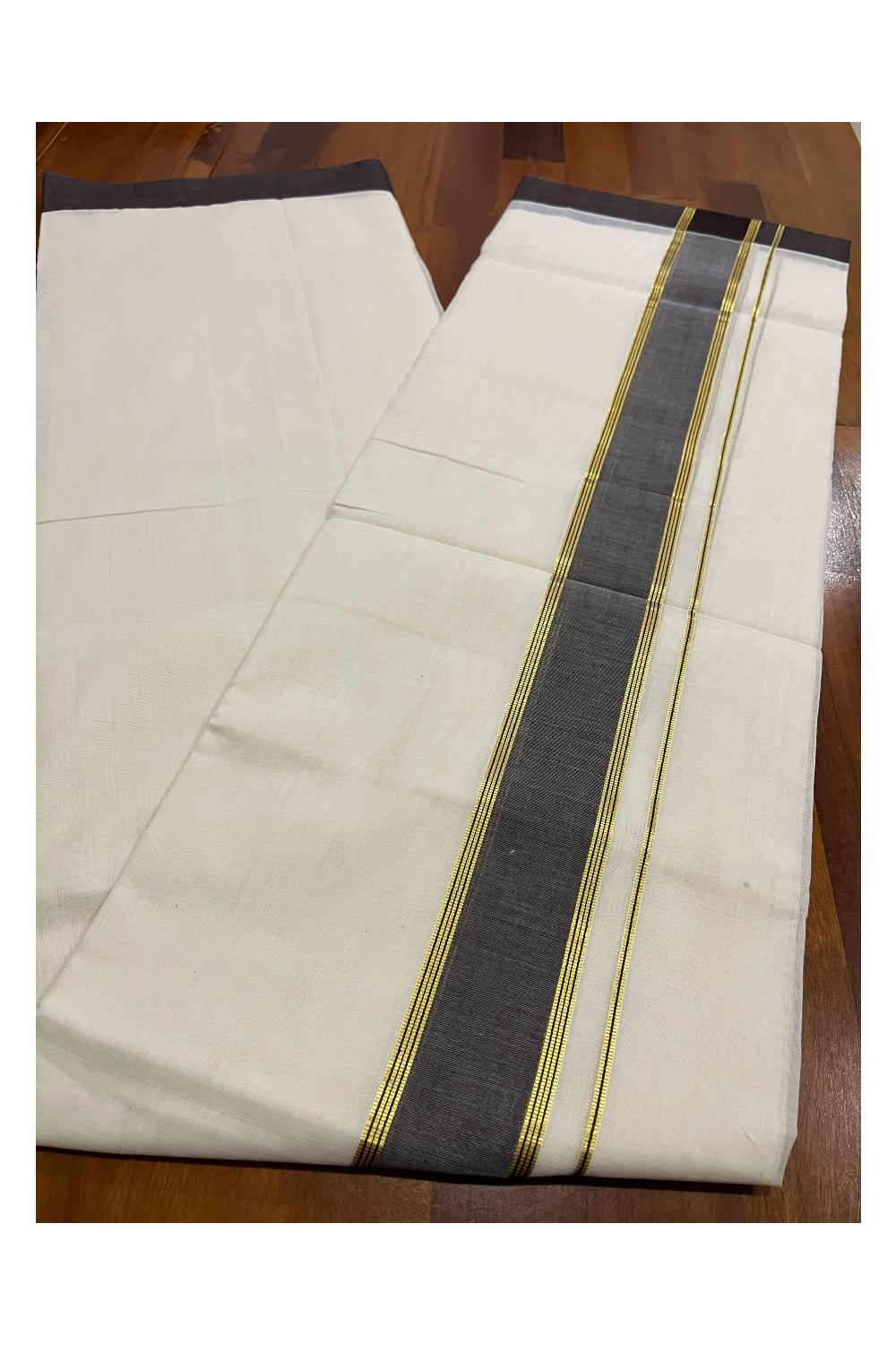 Southloom Premium Balaramapuram Unakkupaavu Handloom Mundu with Dark Brown and Kasavu Border (South Indian Kerala Dhoti)