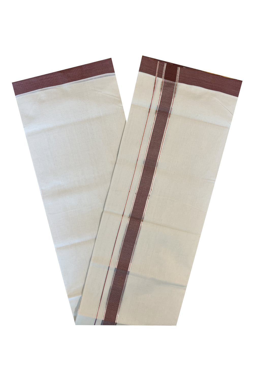 Southloom Premium Handloom Cotton Double Mundu with Silver Kasavu And Maroon Border