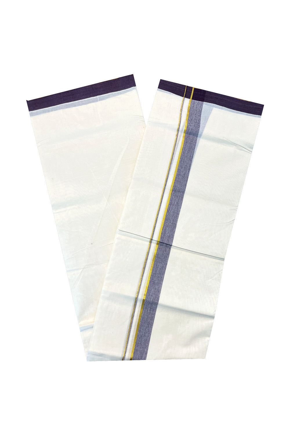 Pure Cotton Off White Double Mundu with Kasavu and Blue Kara (South Indian Kerala Dhoti)