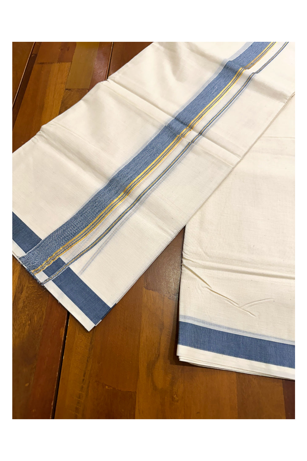 Pure Cotton Double Mundu with Blue and Kasavu Border (South Indian Dhoti)