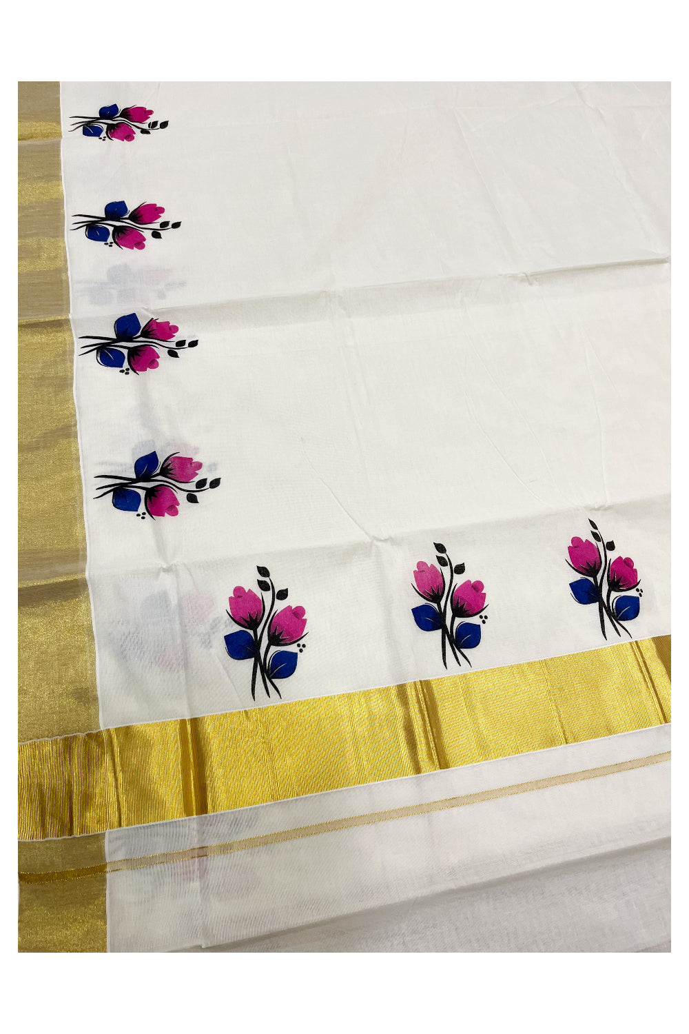 Pure Cotton Kerala Kasavu Saree with Magenta Floral Block Prints with Kasavu Border