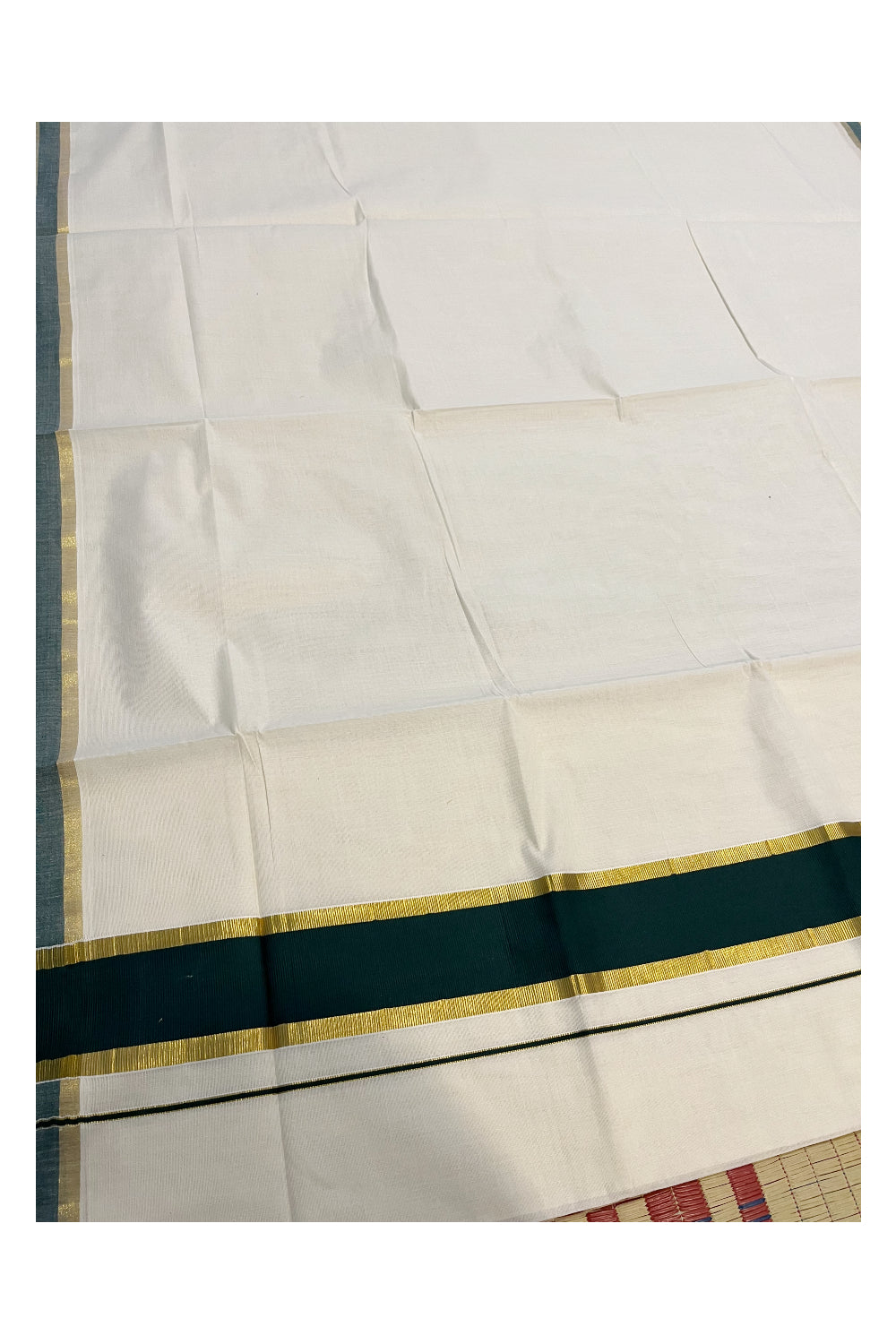 Pure Cotton Kerala Saree with Kasavu and Dark Green Border