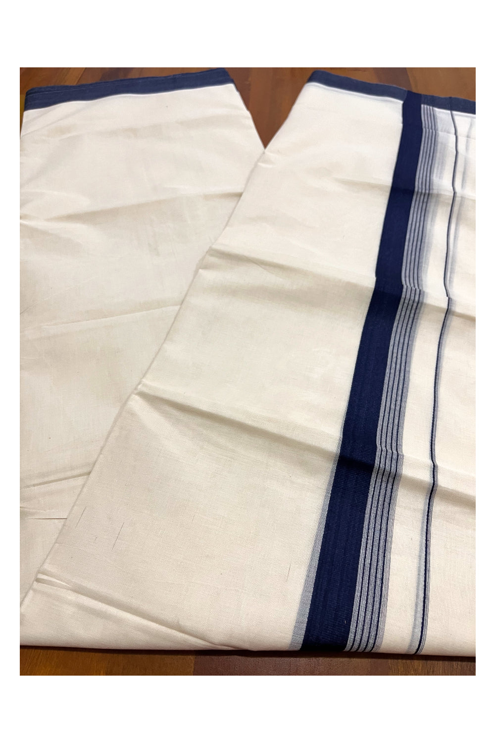 Pure Cotton 100x100 Double Mundu with Navy Blue Border (Onam Mundu 2023)