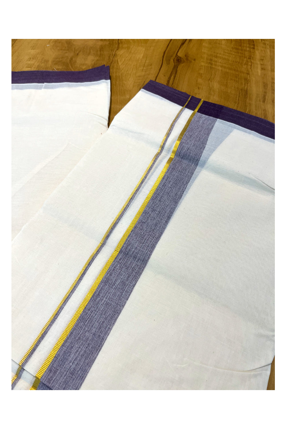 Pure Cotton Off White Double Mundu with Kasavu and Blue Kara (South Indian Kerala Dhoti)