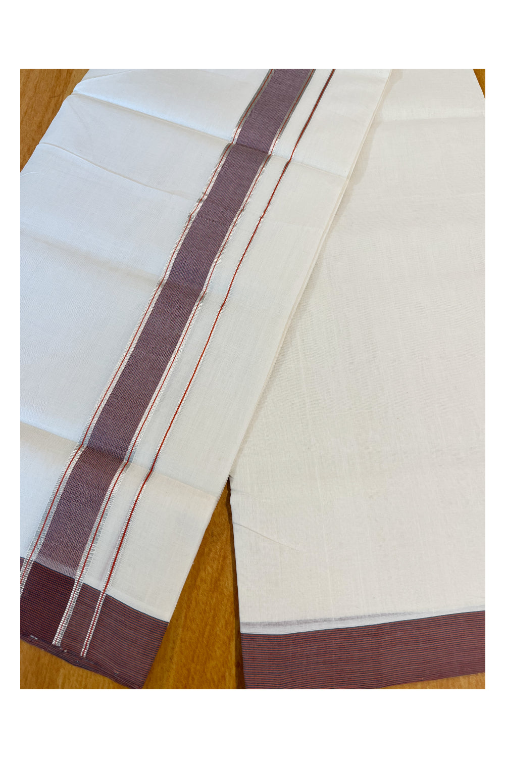 Southloom Premium Handloom Cotton Double Mundu with Silver Kasavu And Maroon Border