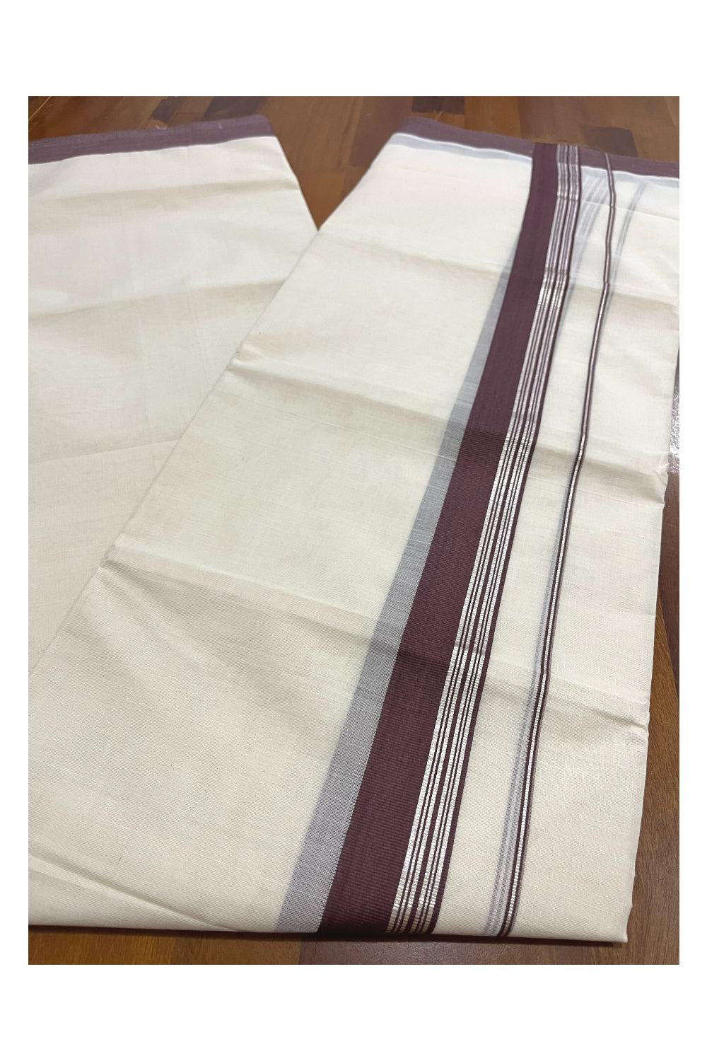 Pure Cotton 100x100 Double Mundu with Silver Kasavu and Brown Border (Onam Mundu 2023)