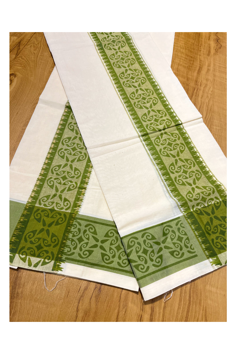 Kerala Cotton Single Set Mundu (Mundum Neriyathum) with Green Block printed Border 2.80 mtr