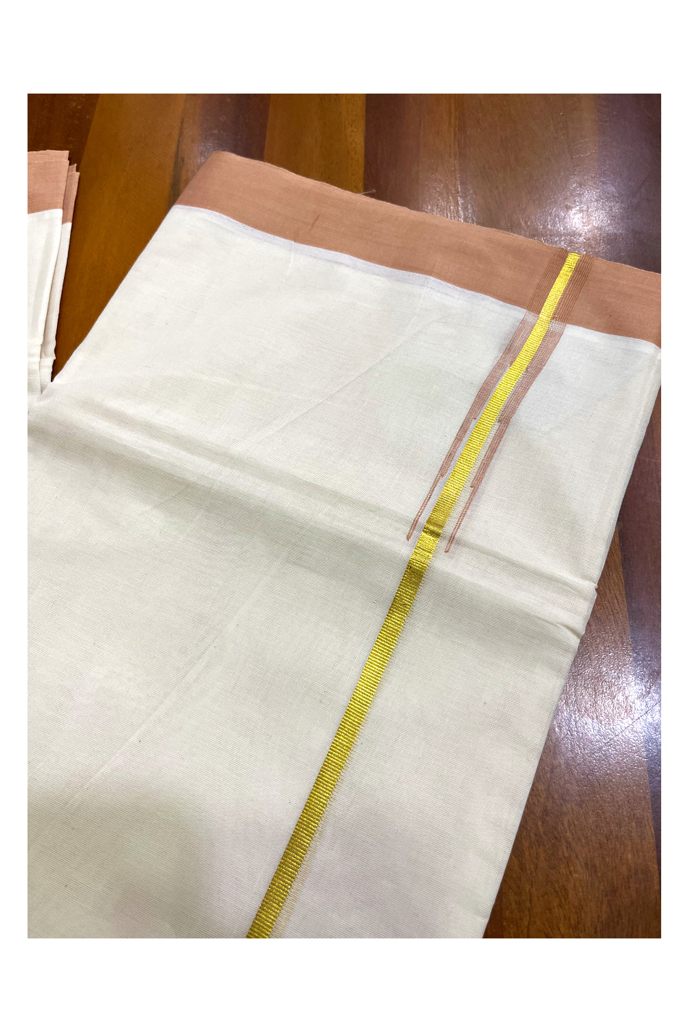 Kerala Pure Cotton Double Mundu with Kasavu Sandal Chutti Kara (South Indian Kerala Dhoti)