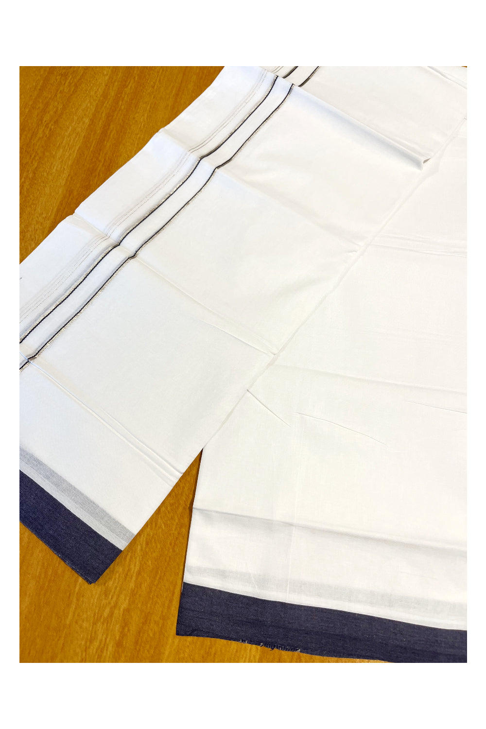 Pure White Cotton Double Mundu with Blue Border (South Indian Dhoti)