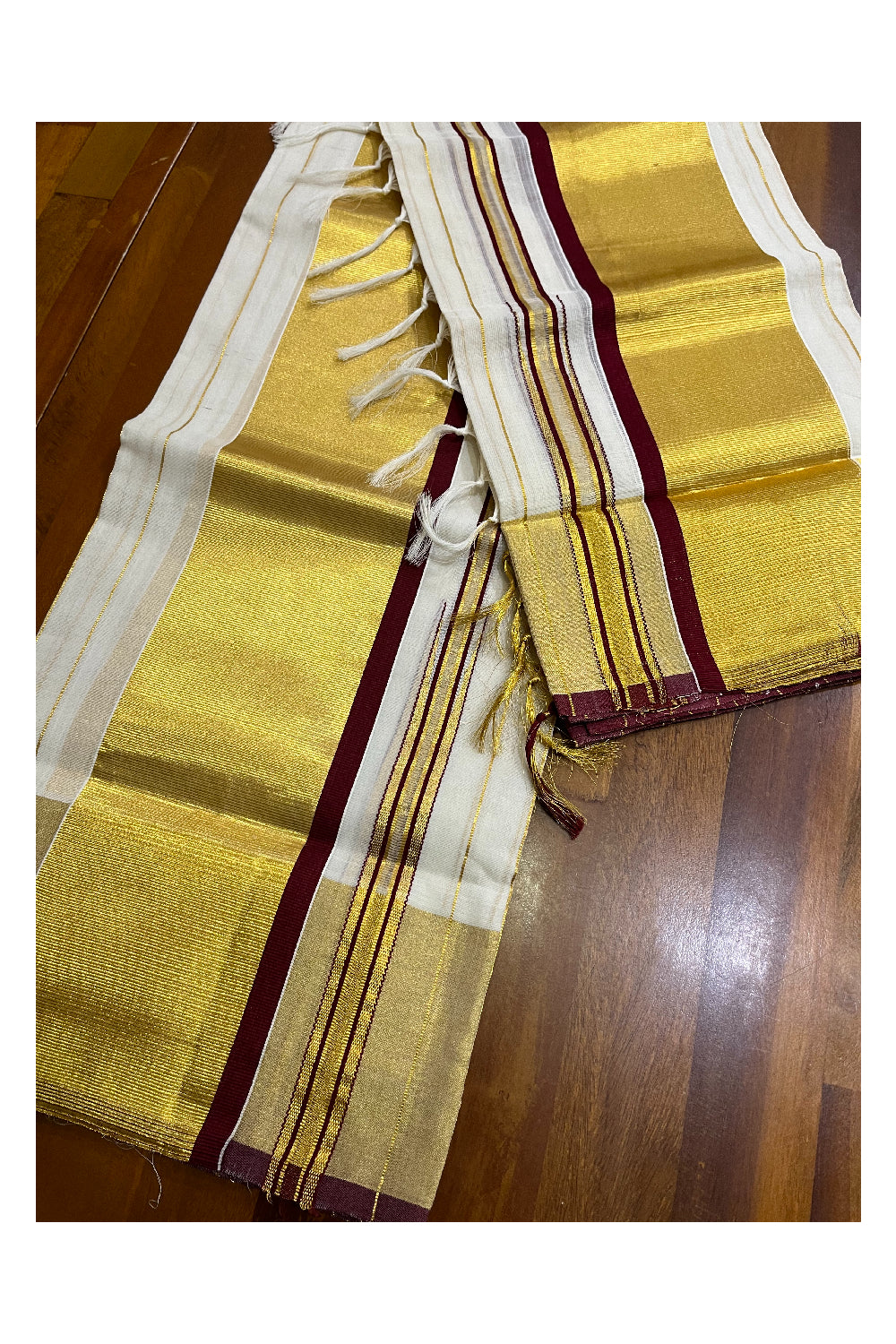 Southloom Premium Balaramapuram Unakkupaavu Handloom Cotton Wedding Kasavu Lines Set Mundu with Maroon Border. 2.80 Mtrs