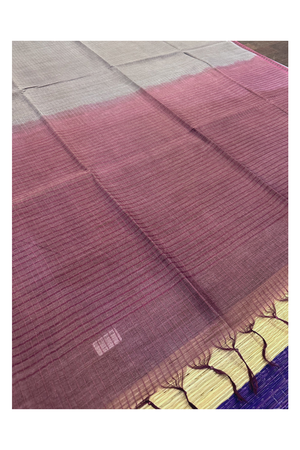 Southloom Tussar Saree with Purple Pallu and Greyish Body