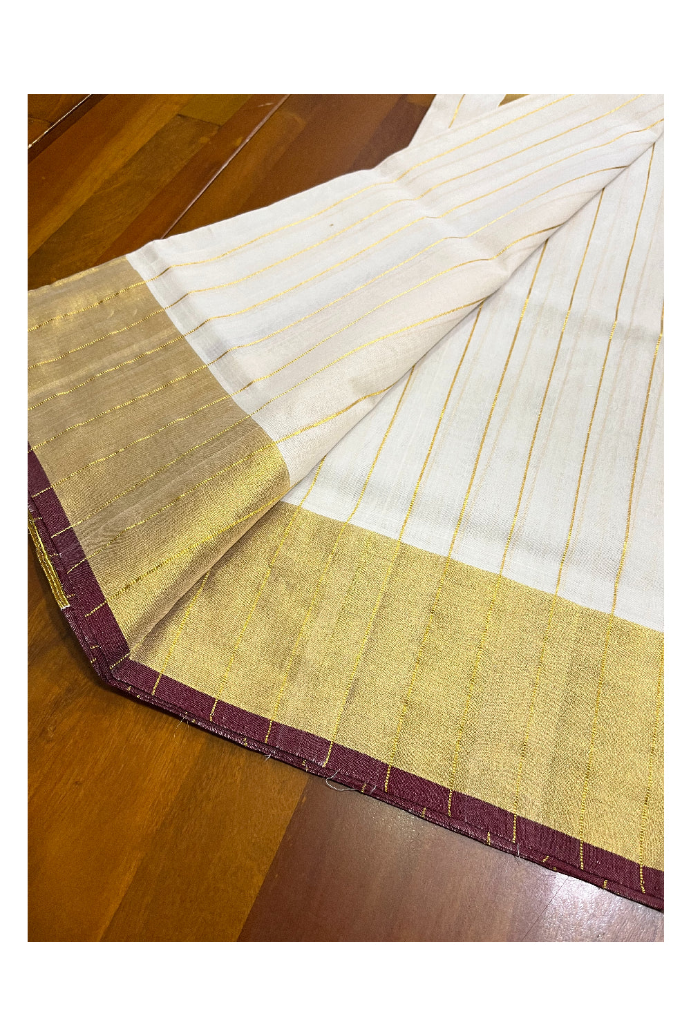 Southloom Premium Balaramapuram Unakkupaavu Handloom Cotton Wedding Kasavu Lines Set Mundu with Maroon Border. 2.80 Mtrs