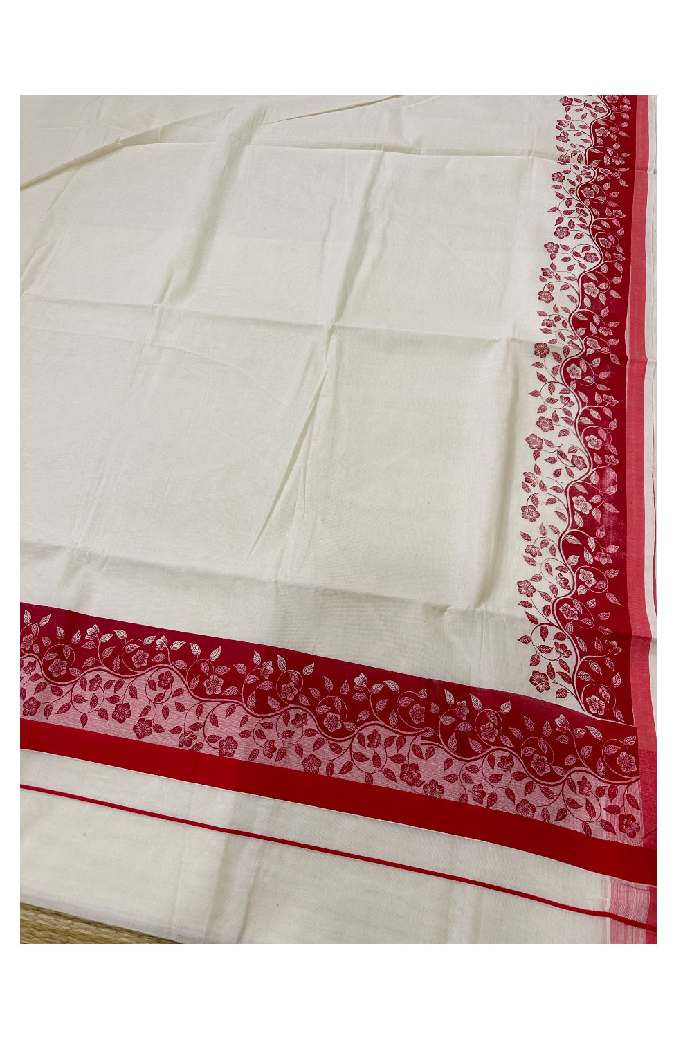 Kerala Cotton Saree with Dark Red Floral Block Prints on Border