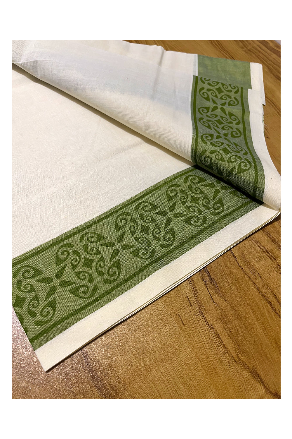 Kerala Cotton Single Set Mundu (Mundum Neriyathum) with Green Block printed Border 2.80 mtr