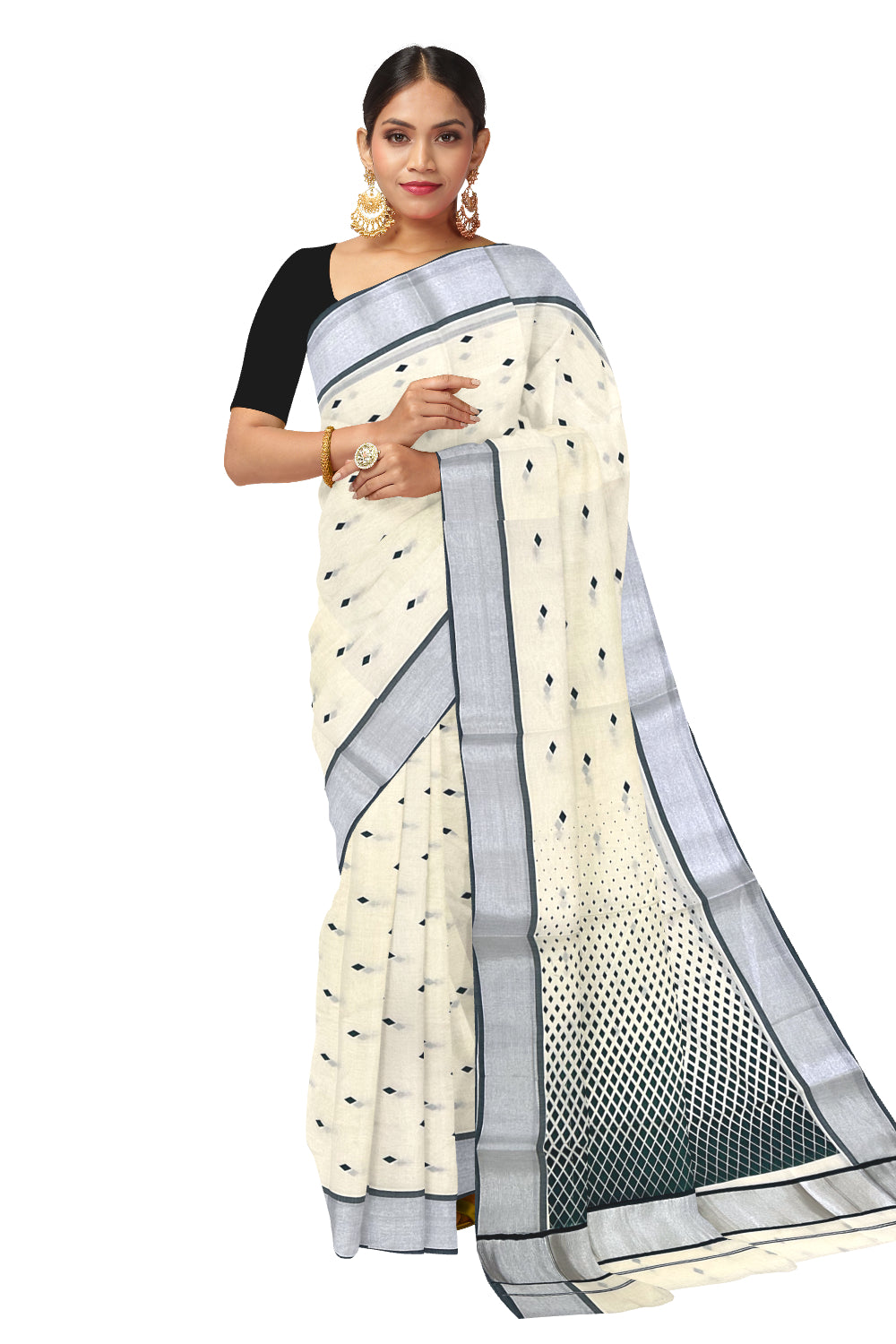 Kerala Cotton Saree with Green Block Prints and Silver Kasavu Border (Onam Saree 2023)