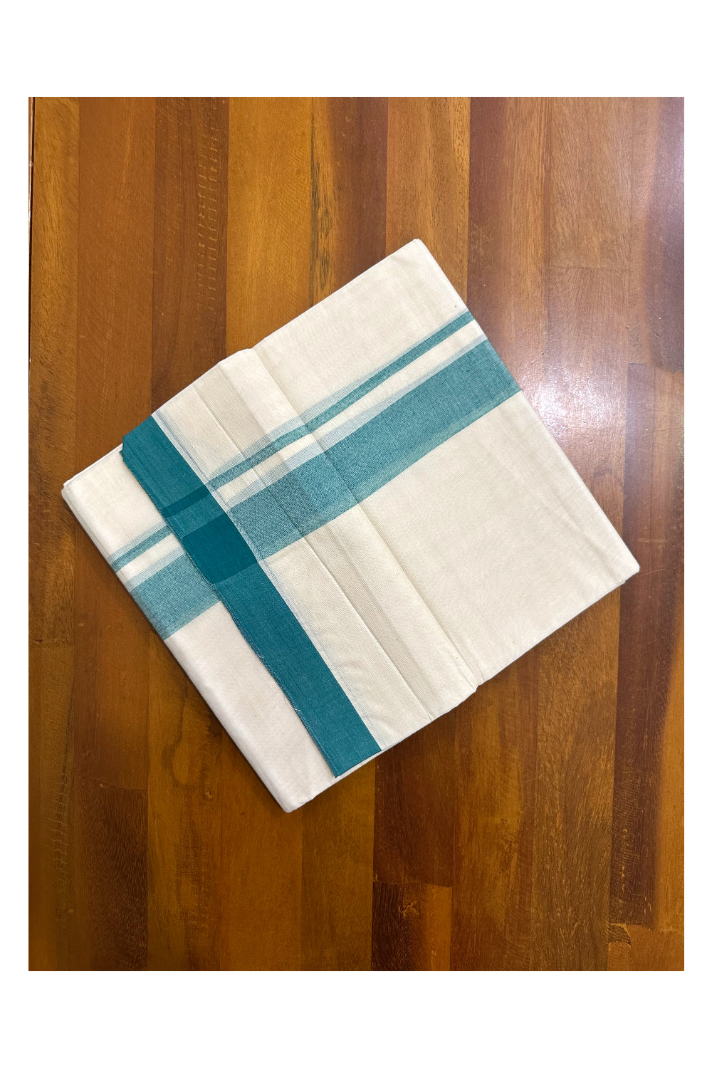 Kerala Pure Cotton Double Mundu with Green Kara (South Indian Kerala Dhoti)