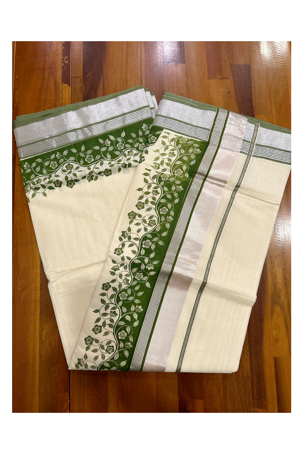 Kerala Cotton Saree with Olive Green Floral Block Prints and Silver Kasavu Border (Onam Saree 2023)