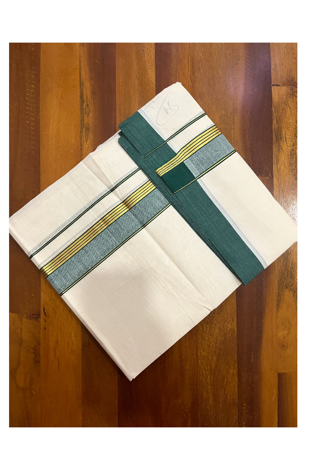 Pure Cotton 100x100 Double Mundu with Green and Kasavu Border (Onam Mundu 2023)