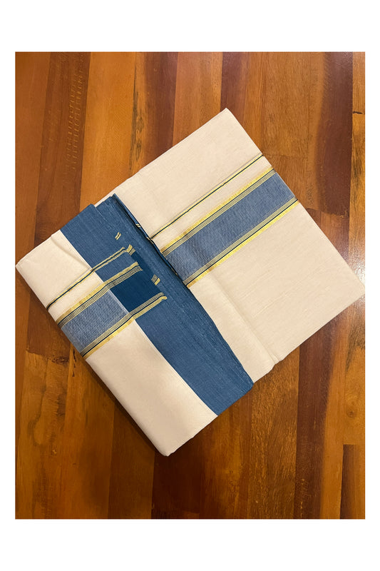 Southloom Premium Balaramapuram Unakkupaavu Handloom Mundu with Blue and Kasavu Border (South Indian Kerala Dhoti)