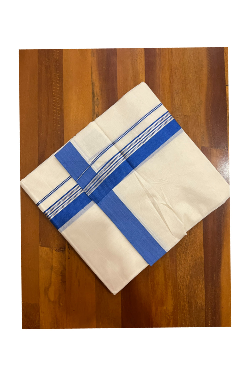 Pure Cotton 100x100 Double Mundu with Silver Kasavu and Blue Border (Onam Mundu 2023)