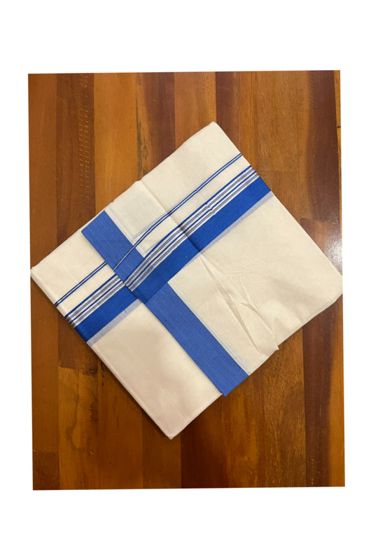 Pure Cotton 100x100 Double Mundu with Silver Kasavu and Blue Border (Onam Mundu 2023)