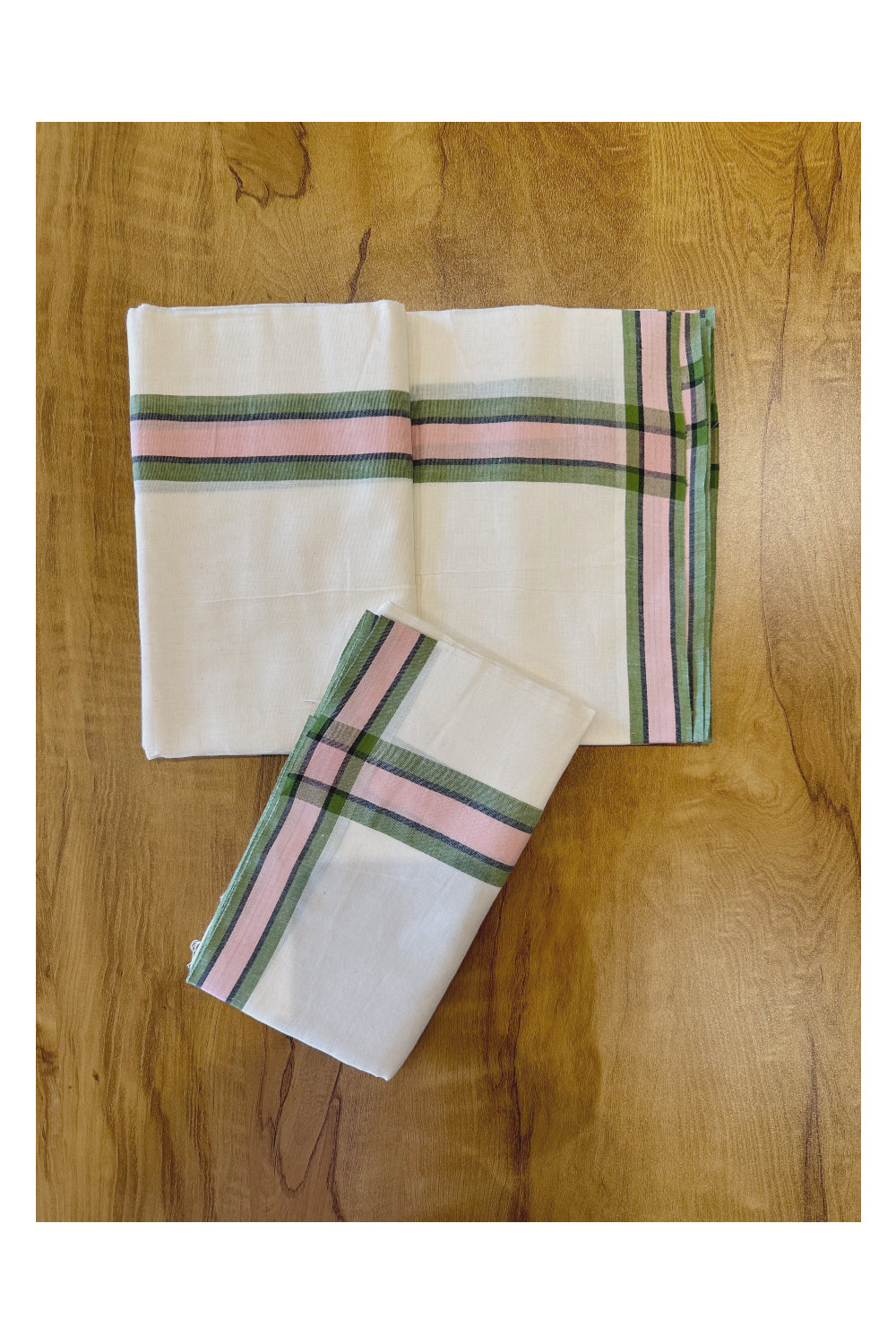 Kerala Soft Cotton Mulloth Mundum Neriyathum Single (Set Mundu) with Green and Peach Border (Onam Set Mundu 2023)