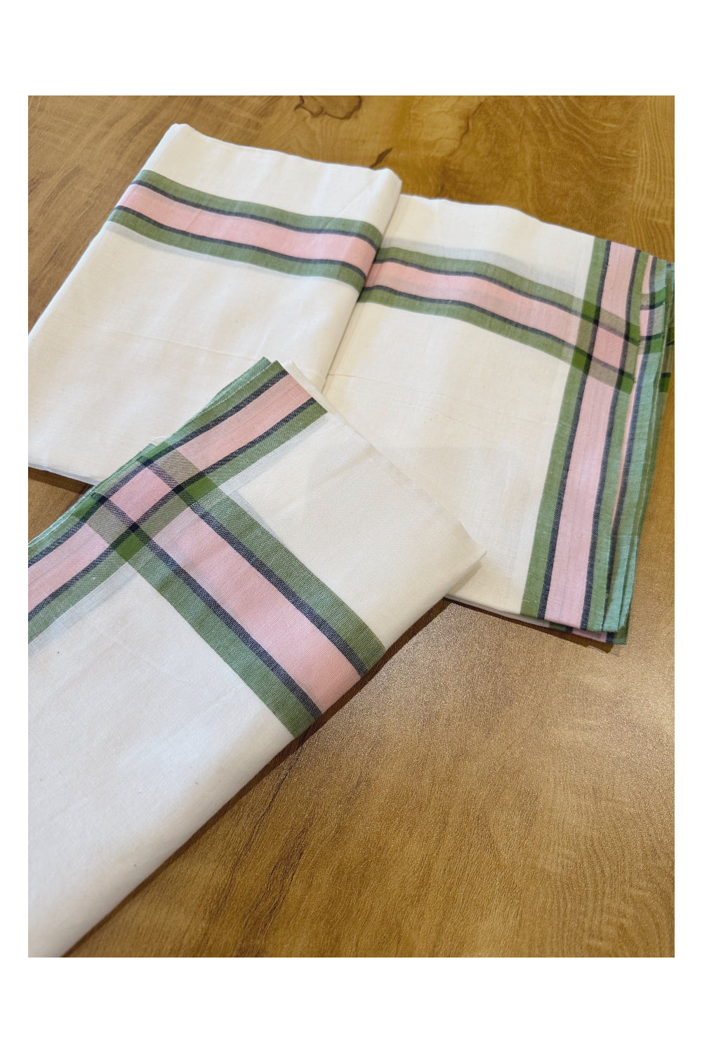 Kerala Soft Cotton Mulloth Mundum Neriyathum Single (Set Mundu) with Green and Peach Border (Onam Set Mundu 2023)