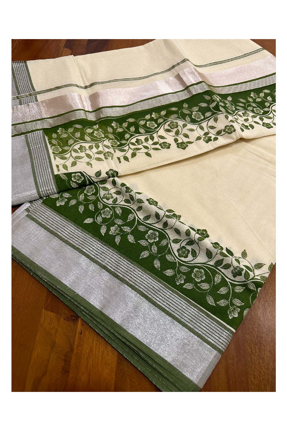 Kerala Cotton Saree with Olive Green Floral Block Prints and Silver Kasavu Border (Onam Saree 2023)