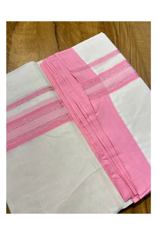 Pure Cotton Off White Double Mundu with Silver Kasavu and pink Kara (South Indian Kerala Dhoti)