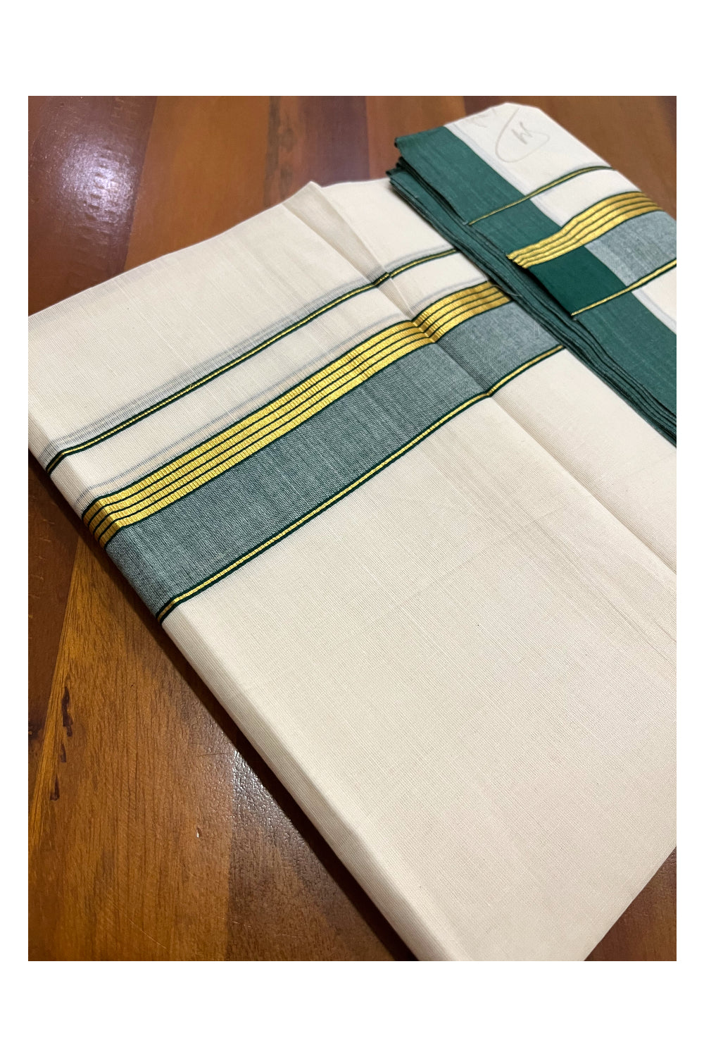 Pure Cotton 100x100 Double Mundu with Green and Kasavu Border (Onam Mundu 2023)