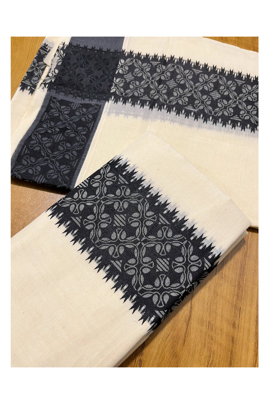 Kerala Cotton Single Set Mundu (Mundum Neriyathum) with Black Block printed Border 2.80 mtr