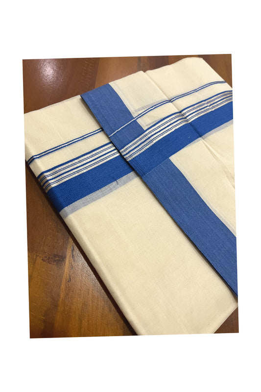 Pure Cotton 100x100 Double Mundu with Silver Kasavu and Blue Border (Onam Mundu 2023)