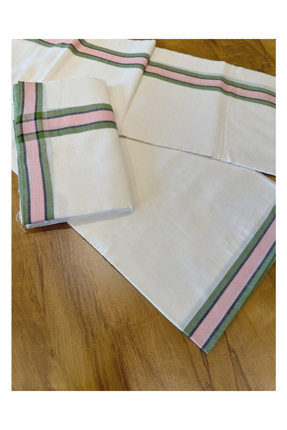 Kerala Soft Cotton Mulloth Mundum Neriyathum Single (Set Mundu) with Green and Peach Border (Onam Set Mundu 2023)