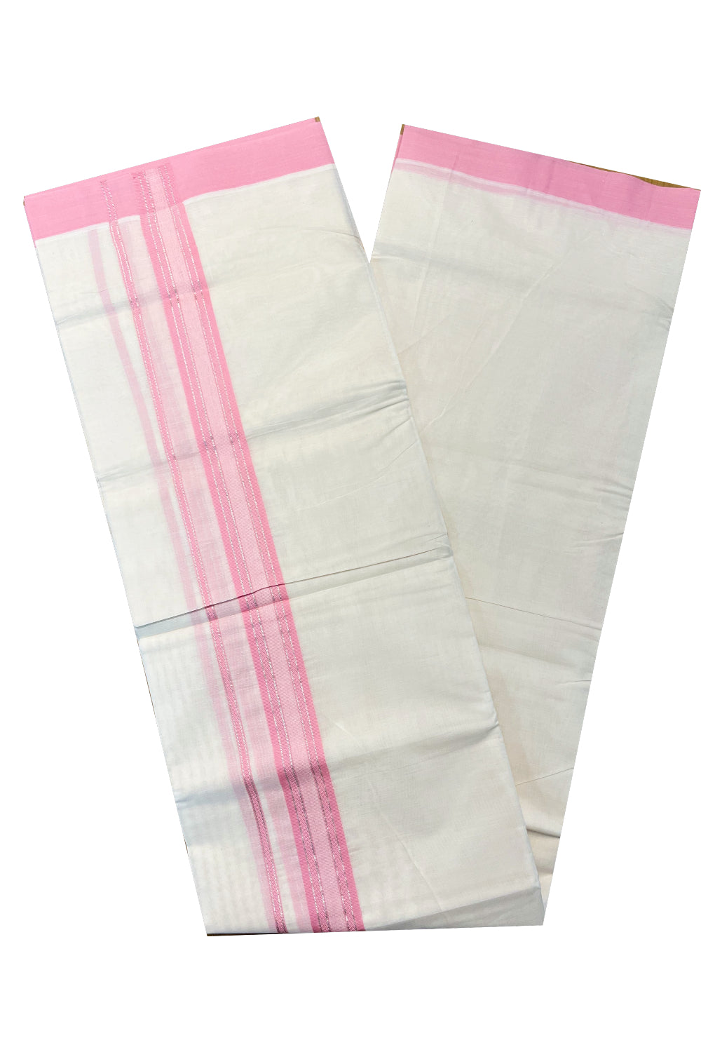 Pure Cotton Off White Double Mundu with Silver Kasavu and pink Kara (South Indian Kerala Dhoti)