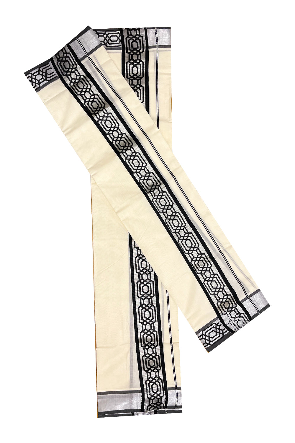 Kerala Pure Cotton Set Mundu Single (Mundum Neriyathum) with Black Block Prints on Silver Kasavu Border